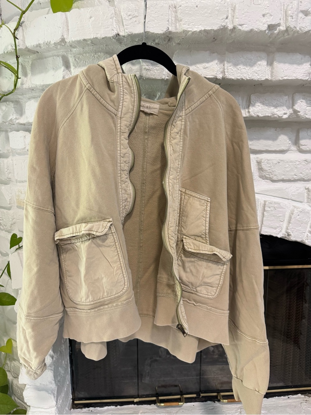 Casual Tan Hooded Bomber Jacket with Patch Pockets